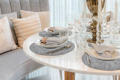 homing Round Faux Leather Placemat and Coaster 8 Packs, Washable Heat Resistant Dining Place Mats, Wipeable Double-Sided Table Mats for Indoor and Outdoor, Diameter 13 and 3.93 inch, Light Grey