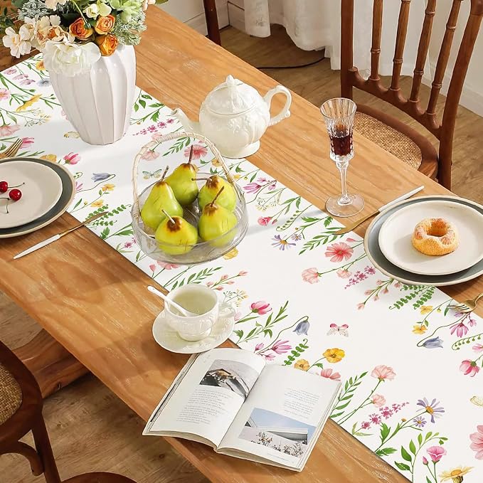 Bonhause Spring Floral Table Runner 13x72 Inch Pink Flowers Plants Leaves - Image 3