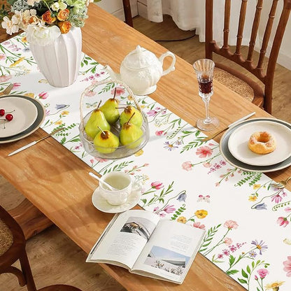 Bonhause Spring Floral Table Runner 13x72 Inch Pink Flowers Plants Leaves - Image 3