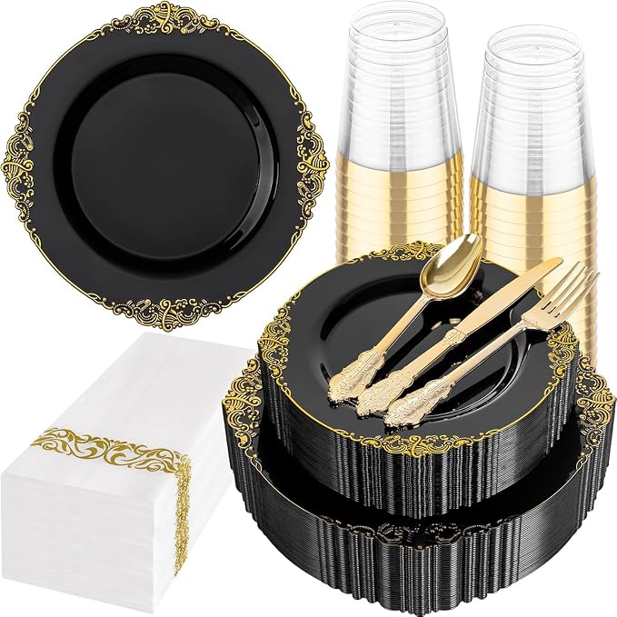 175 Pcs Black Gold Plates for Graduation | Black Party Plates Set for 25 Guests by Hioasis