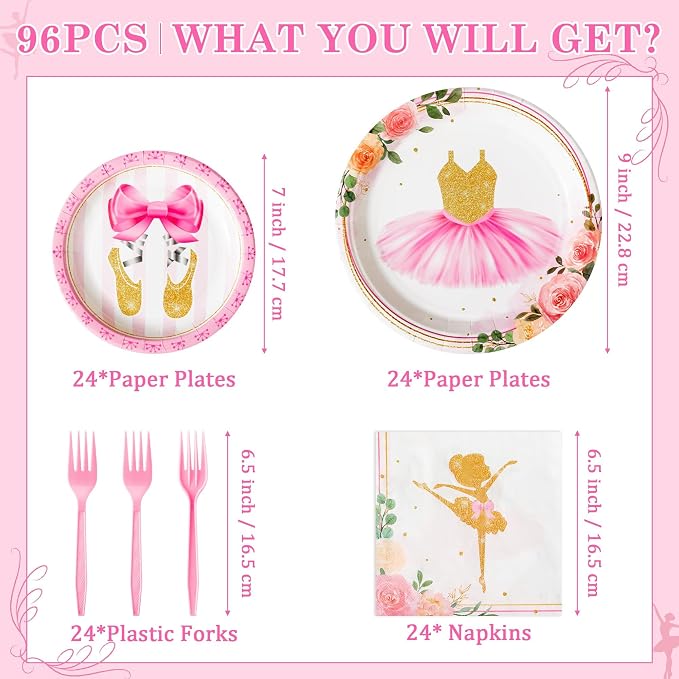 96Pcs Ballerina Ballet Dancing Girl Party Plates Supplies Tableware Decorations - Image 2