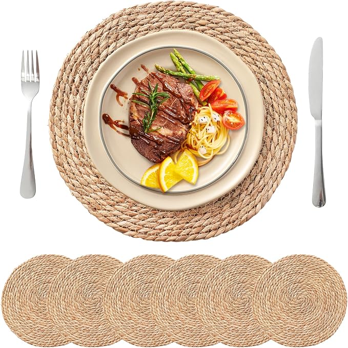 13.8'' Round Woven Placemats Set of 6, Boho Wicker Chargers, Terrekraft | by TerrekraftMakeLuxuryTraysAffordable