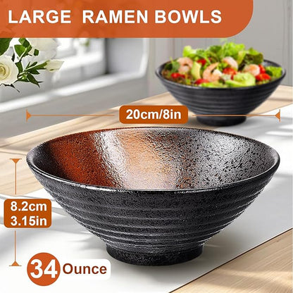 8-Inch Ceramic Ramen Bowl Set of 4 (17 Piece) - Porcelain Japanese Salad Noodles Cereal Fruit Pasta Soup Large Bowls with Recipes Chopsticks Forks Spoons for Men Women Gift Microwave Dishwasher Safe