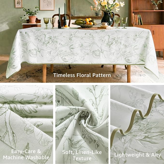 jinchan Green Floral Linen Rectangle Table Cloth 50 x 70 Inch | - Image 3