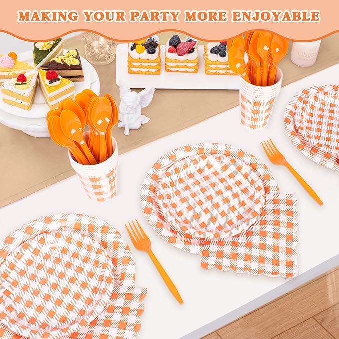 Vyntra 350 Pcs Orange & White Checkered Gingham Paper Plates and Napkins Set - Image 7