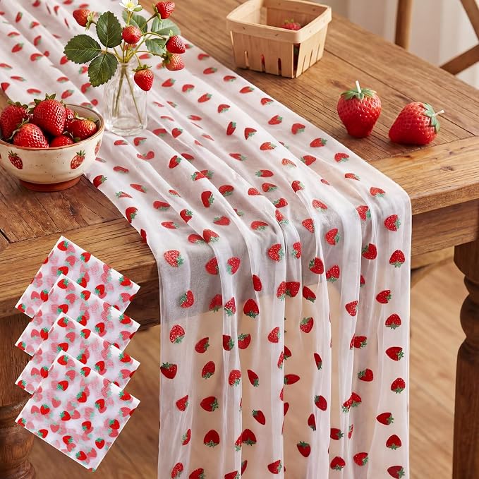 4 Pcs Strawberry Table Runners 29x70 Inch Strawberry Glitter Tulle Lace Table by Windkream