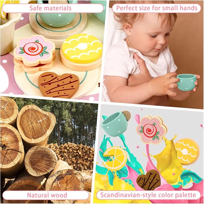 Wooden Tea Set for Little Girls Play Food Pretend Play for 3 4 5 Years Old | - Image 6