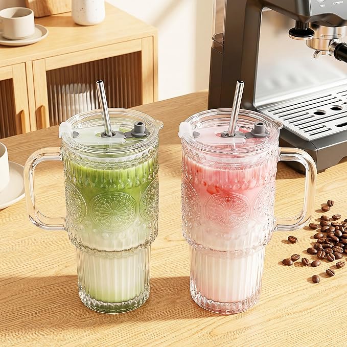 Thick Romantic Glass Cups with Lids and Straws, Vintage Leak Proof Retro Glass - Image 2