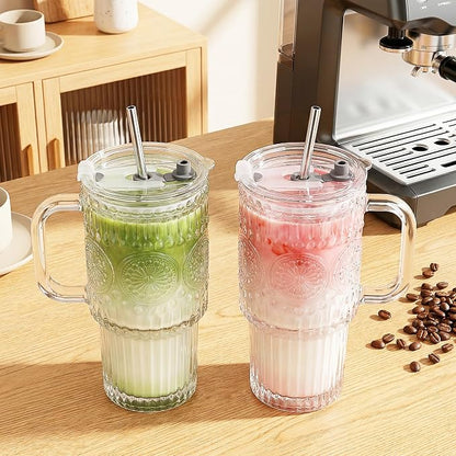 Thick Romantic Glass Cups with Lids and Straws, Vintage Leak Proof Retro Glass - Image 2