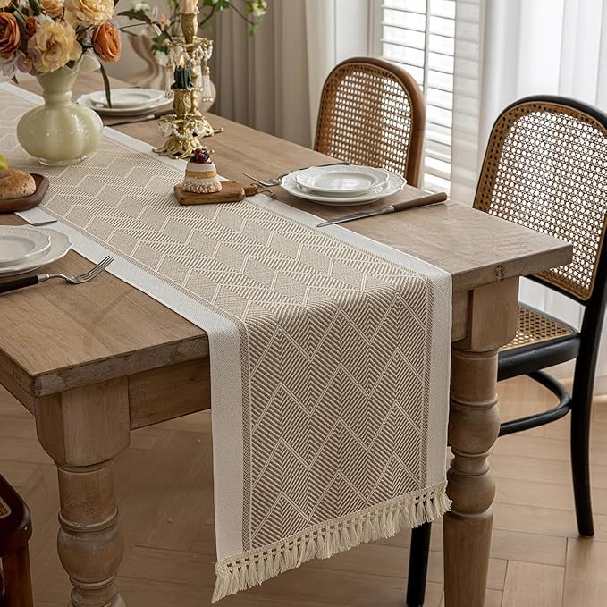 Coffee Geometric Linen Table Runner by UWWGKK