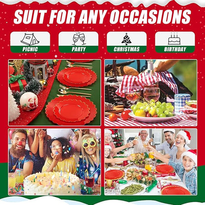 SUT 72 Pcs Red Plates Disposable, Red Plastic Plates With Gold Trim, 10.25 Inch red Dinner Plates, Fancy Plastic plates, plates Disposable Heavy Duty for Wedding, Parties