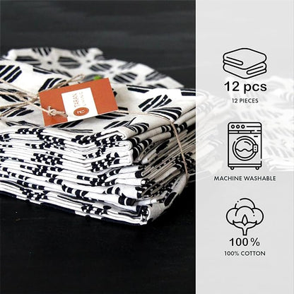 Taran Geometric Beige Print Cotton Dinner Napkins Set of 12 | 18x18 Inches | 100% Natural, Reusable Linens for Dinner, Events, Weddings