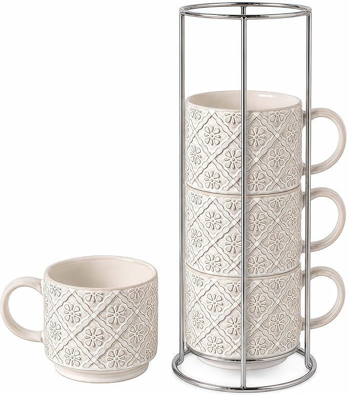 6 Oz Coffee Mugs with Stand, Stackable Coffee Cups Set of 4, Ceramic Espresso by Unknown