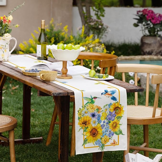 Summer Sunflowers Daisies Table Runner Birds Burlap Table Runners, Vibrant - Image 9