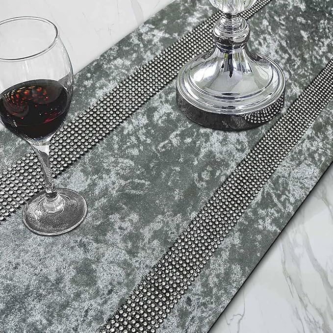 Elegant Grey Table Runner, Ombre Velvet, Dual Bling Diamante Stripes, Modern - Image 2
