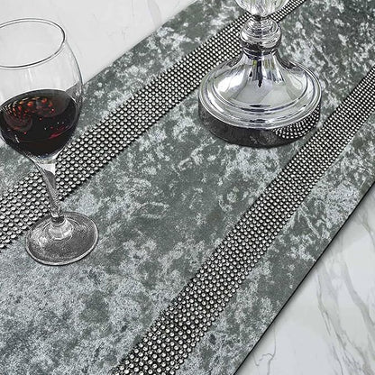 Elegant Grey Table Runner, Ombre Velvet, Dual Bling Diamante Stripes, Modern - Image 2
