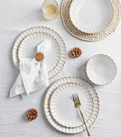 GBHOME Stoneware Dinnerware Sets for 4,Handcrafted Embossed Design Reactive Glaze Ceramic Plates and Bowls, Dishwasher and Microwave Safe, Service for 4(12pcs),Pearl White