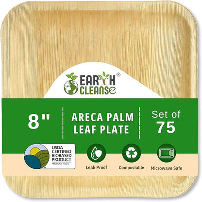 Compostable Palm Leaf Plates 8 Inch Square (75 Pack) | Disposable Biodegradable Plates Like Bamboo & Wooden | Microwave & Oven Safe | Eco-Friendly