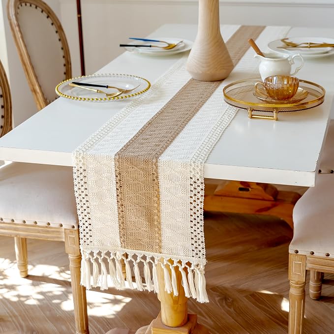 EMMTEEY Boho Table Runner with Tassels 94 Inches Long, Cream Brown | Handmade - Image 4