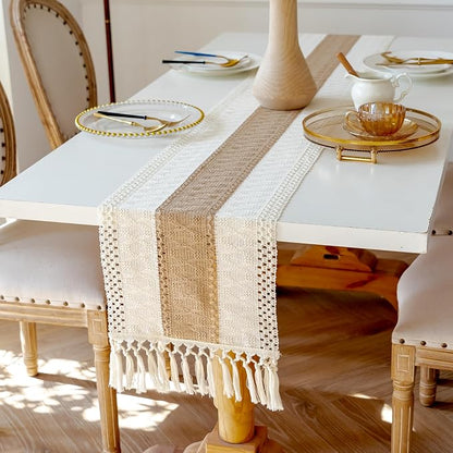 EMMTEEY Boho Table Runner with Tassels 94 Inches Long, Cream Brown | Handmade - Image 4