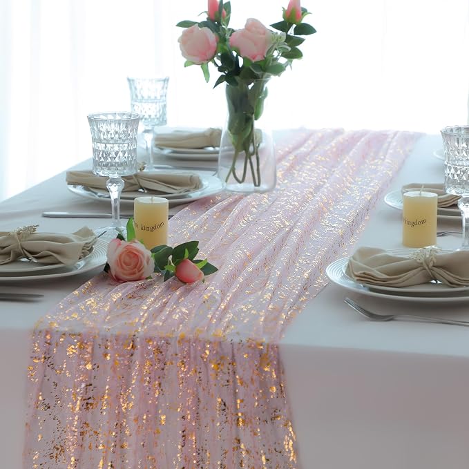 Snowkingdom Blush Gold Table Runner Gauze Sheer Tulle 10FT 120 Inch - Image 2