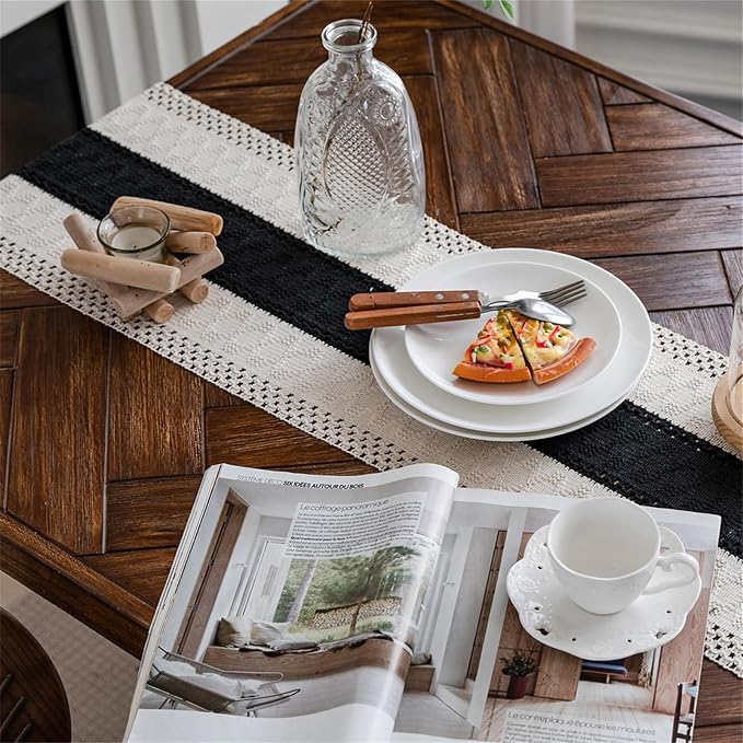 Macrame Table Runne Beige and Black Boho Table Runners - Image 2