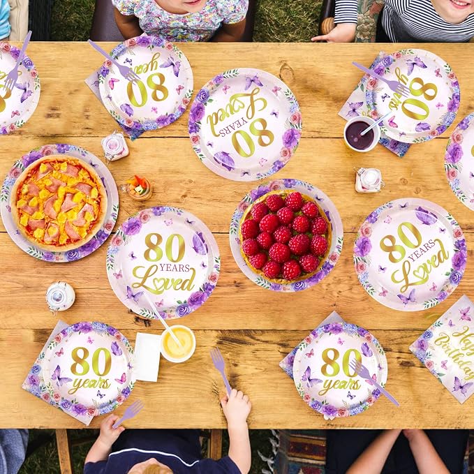 96Pcs 80th Birthday Purple Floral Butterfly Party Decoration, Serves 24 | - Image 7