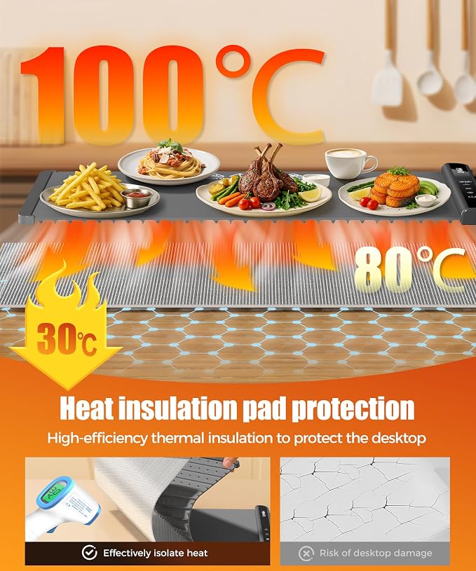 Warming Mat for Food, 26x15 Inch, Dark Grey, Fast Heat, Child Lock | Includes - Image 2