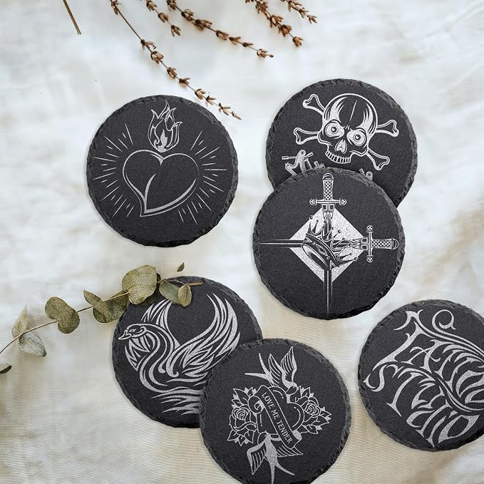 4 PCS Round Slate Drink Coasters Set, SIJDIEE 4 Inch Laser Engraving Black - Image 3