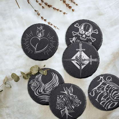 4 PCS Round Slate Drink Coasters Set, SIJDIEE 4 Inch Laser Engraving Black - Image 3