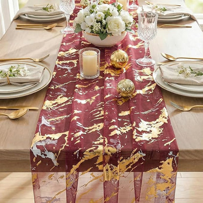 Artoid Mode Marble Pattern Burgundy Gauze Table Runner 10FT, Glitter Metallic - Image 6