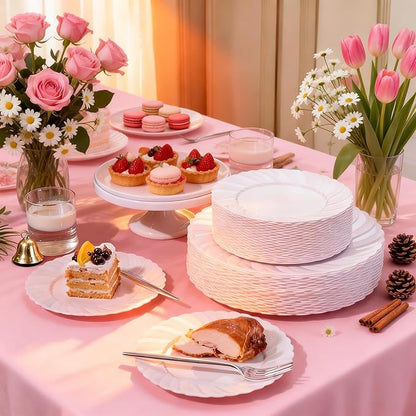 U-QE 60 Pcs White Plastic Plates for Party – Scalloped Plastic Plates Heavy Duty & Elegant – Include 30 10" Dinner & 30 7" Dessert Plate - Perfect for Party & Wedding