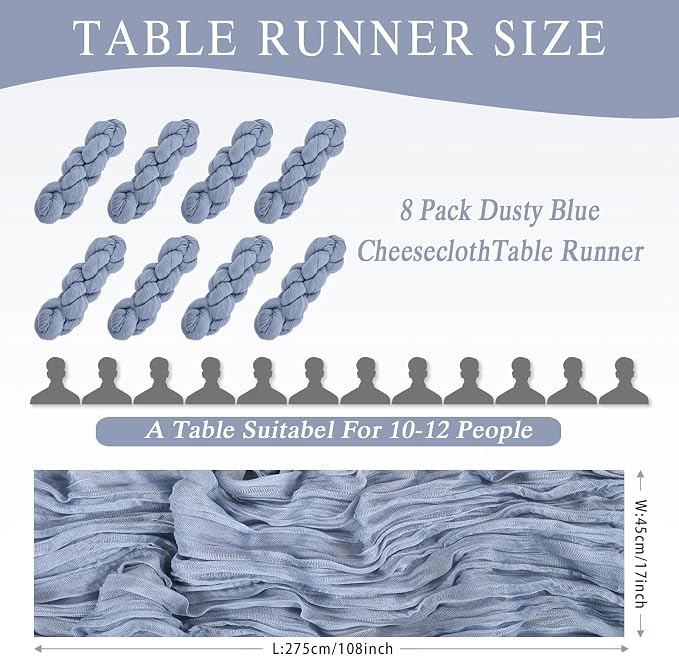 8 Pack Dusty Blue Cheesecloth Table Runner 17x108 inch Boho Gauze Cheese Cloth - Image 2