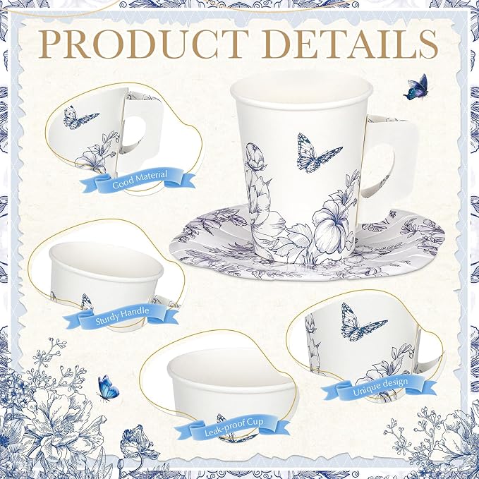 Tioncy 100 Pcs Tea Party Decorations Include 50 Pieces 9 oz Paper Tea Cups - Image 3