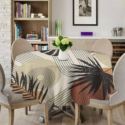 Boho Medieval Abstract Leaves Round Tablecloth, Mid Century Modern Bohemian Style Print Tablecloth for Home Party Dining Room Kitchen Decor 60Inch(152cm)