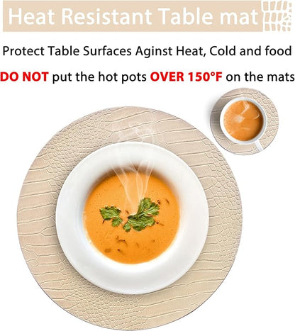 Jovono Round Leather Placemats for Round Tables Set of 8, Beige Place Mats and Coasters, Wipeable Waterproof Heat Resistant Table Mats Easy to Care for Indoor Decor 14 inch Diameter