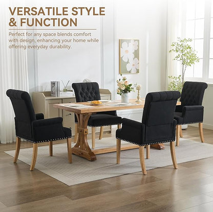Fabric Dining Chair with Arms, Upholstered Tufted High Back Dining Room Chairs, Accent Armchair with Solid Wood Leg and Nailhead Trim, Kitchen Dining Living Room, Black