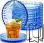 Remerry 6 Pcs Clear Crystal Coaster Set with Holder Glass Coasters for Drinks 4 Inch Drinks Crystal Round Cup Coasters Coffee Table Decor for Office Kitchen Bar Restaurant Patio (Blue)