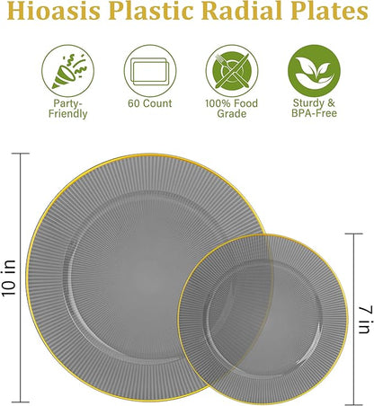 Hioasis 60pcs Black and Gold Plastic Plates - Black Disposable Dinnerware Set, 30pcs Dinner 10.25in & 30pcs Dessert 7.5in Plates with Striped Designs for Party & Wedding