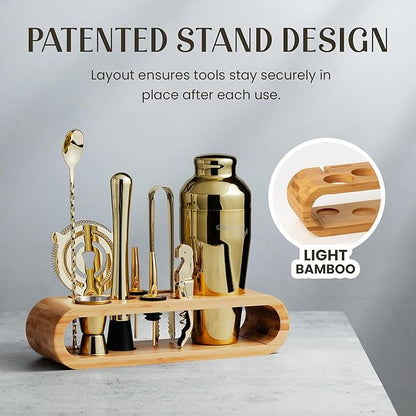 Mixology & Craft Cocktail Shaker Set with Bamboo Stand - Professional 18oz 10-Piece Bartender Kit - Complete Bar Set & Cocktail Mixer Kit for Home (Gold)