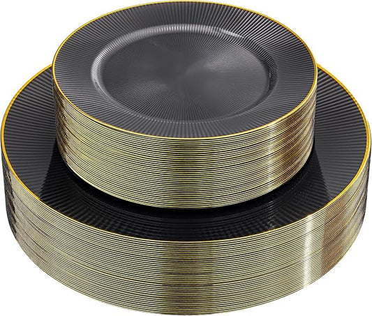 Hioasis 60pcs Black and Gold Plastic Plates - Black Disposable Dinnerware Set, 30pcs Dinner 10.25in & 30pcs Dessert 7.5in Plates with Striped Designs for Party & Wedding