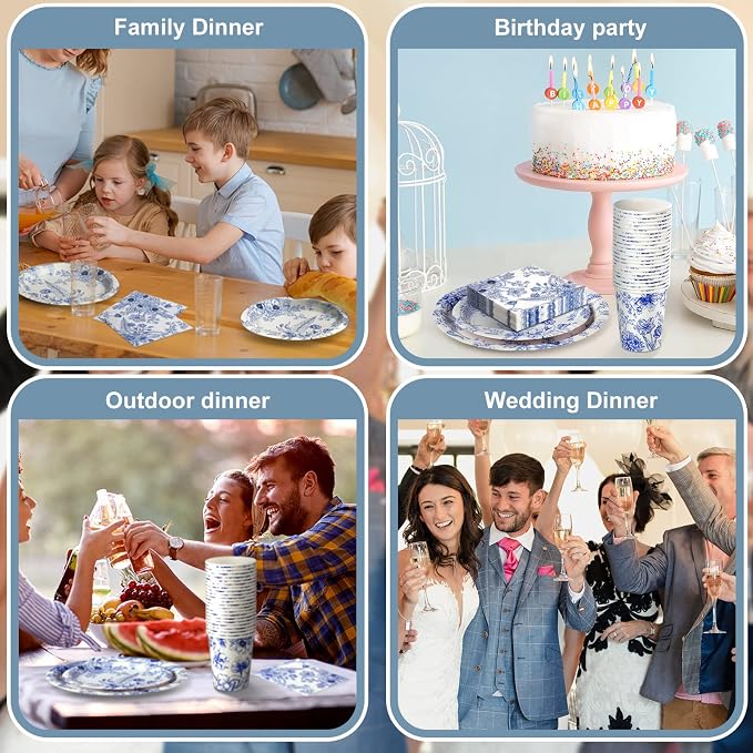 250 Pcs Blue Floral Paper Plates and Napkins Blue Bridal Shower Tea Party - Image 6