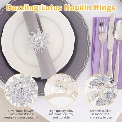 ZeeDix Christmas Flower Napkin Rings Set of 12, Silver Lotus Elegant Rhinestone Napkin Ring Serviette Buckles Holder for Wedding Birthday Christmas Holiday Party Home Kitchen Dinner Table Decoration