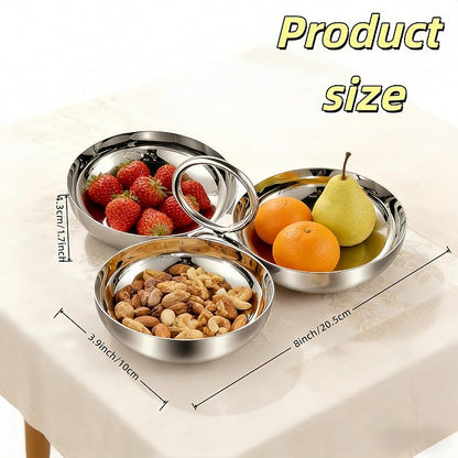 Cluster Serving Bowls 3 in 1 Silver Stainless Steel Snack Bowls Connected Fruit - Image 2