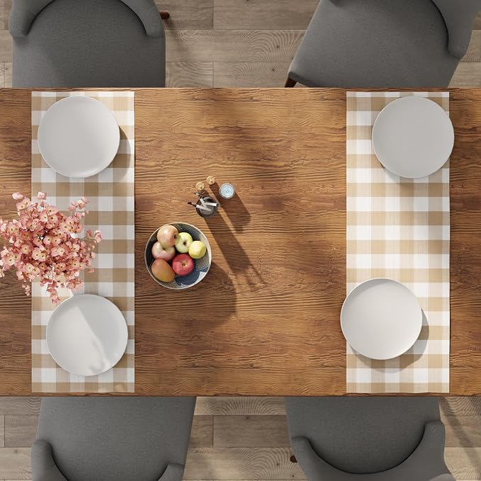 Encasa XO Table Runner, Woven Cotton Dining Runner 13"x36" Buffalo Beige Checks - Image 5