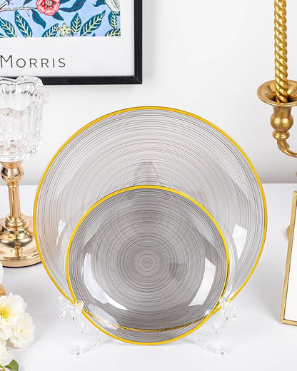 Morejoy 60Pcs Black Plastic Plates,Black Disposable Plates With Gold Rim,Heavy-duty Gold plate, Modern swirl design Plate Include 30 Dessert-plates,30Dinner-plates for Party,New Year