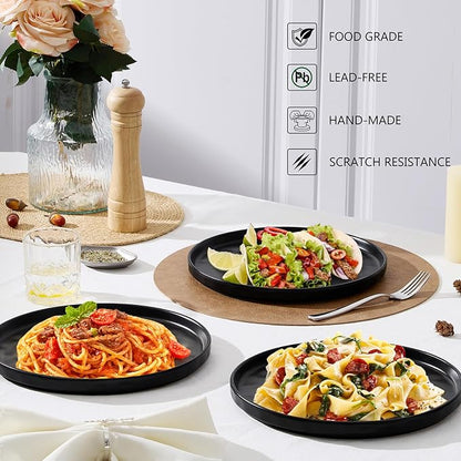 LIANYU Ceramic Dessert Plates Set of 6, 10.2 Inch Dinner Appetizer Plates for Kitchen Dining, Porcelain Round Plate Serving Cake Bread Salad Snack, Microwave & Dishwasher Safe, Obsidian Black
