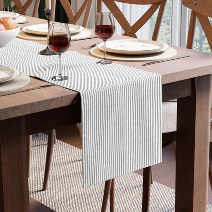Encasa XO Table Runner, Woven Cotton Dining Runner 13"x59" | Ticking Black by EncasaXO