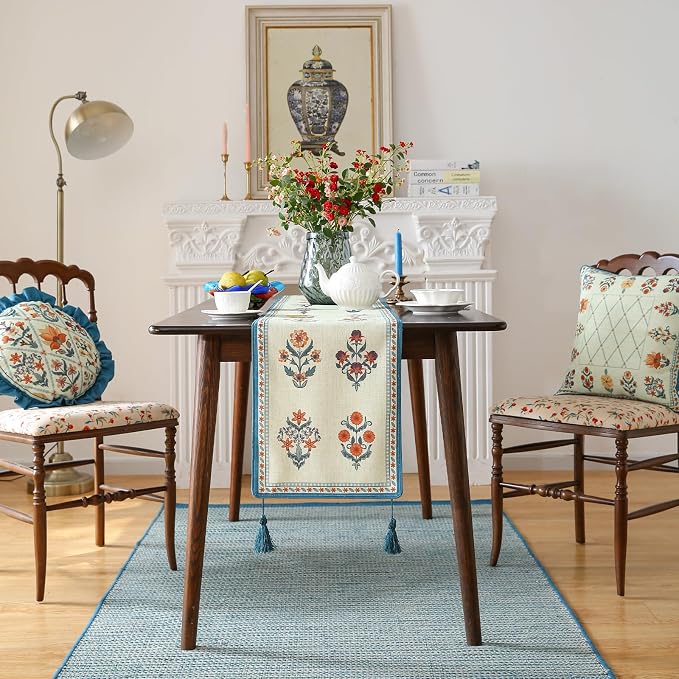 Designer French Linen Table Runner, Floral Pattern, Dining Table, Kitchen Decor - Image 3