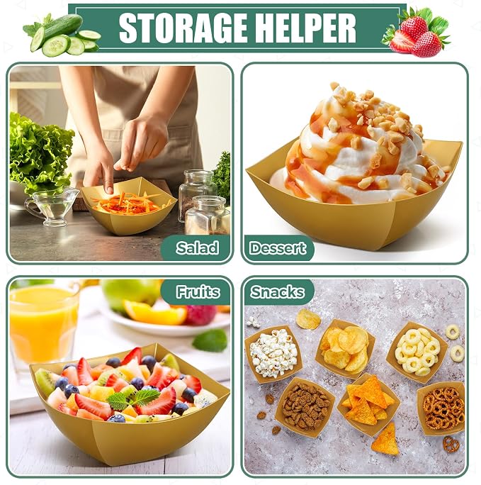 50 Pcs Disposable Serving Bowls 8 oz Gold Square Plastic Salad | Snack Dishes - Image 3